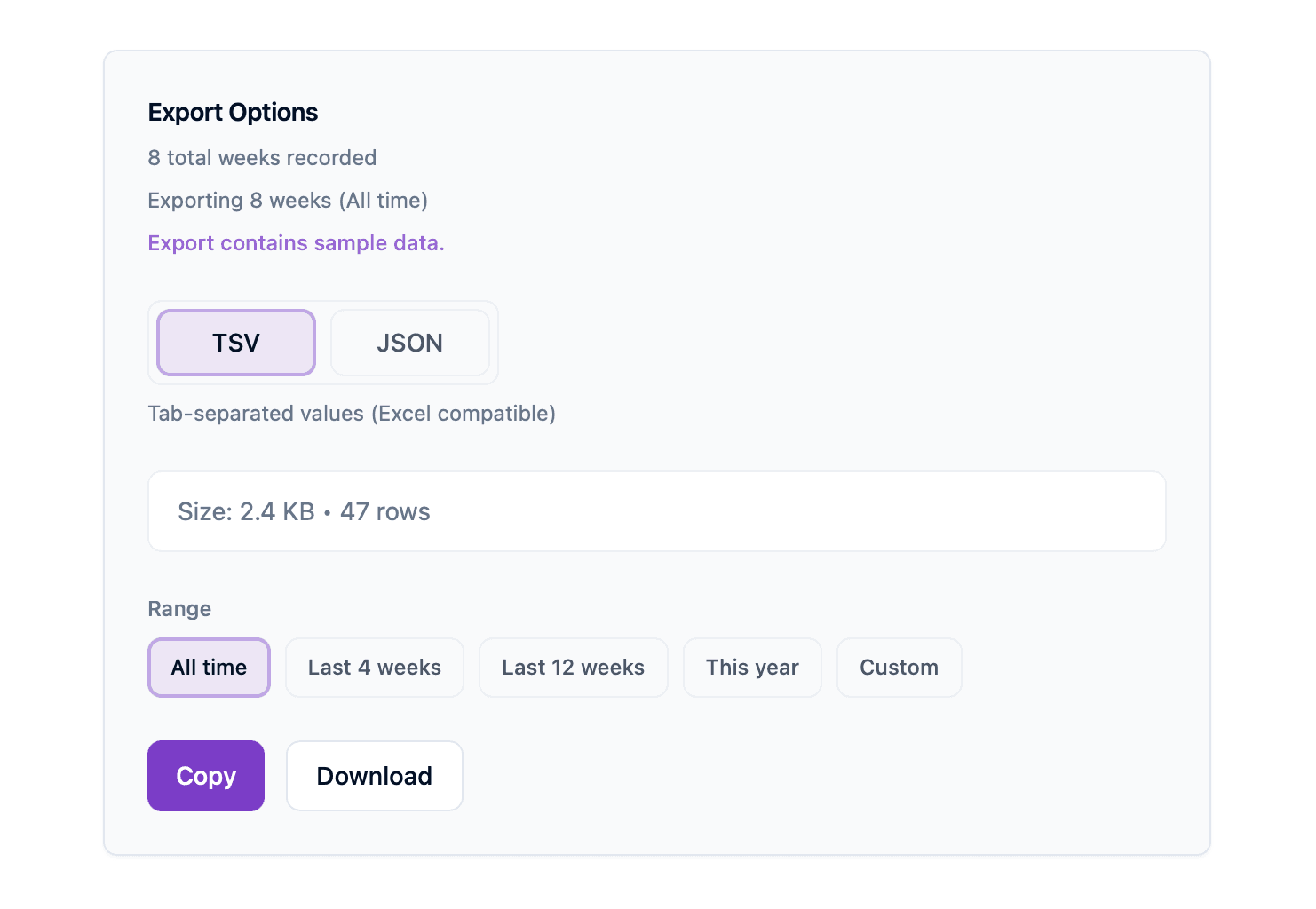 Export interface with TSV/JSON format options, date range selection, and copy/download buttons.